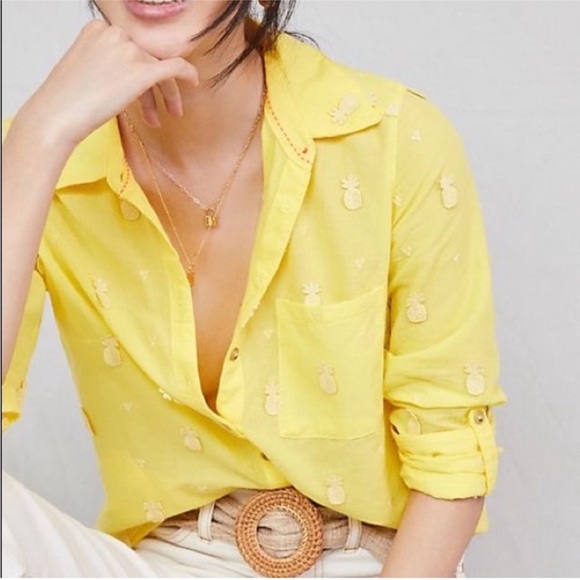 Maeve by Anthropologie | pineapple button down shirt Size 6 yellow - Picture 2 of 9